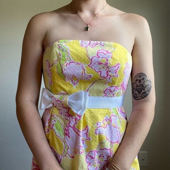 Lilly Pulitzer Strapless Y2K Cotton Yellow Floral Mini Bow Summer Dress Sz 2 - Picture 6 of 10